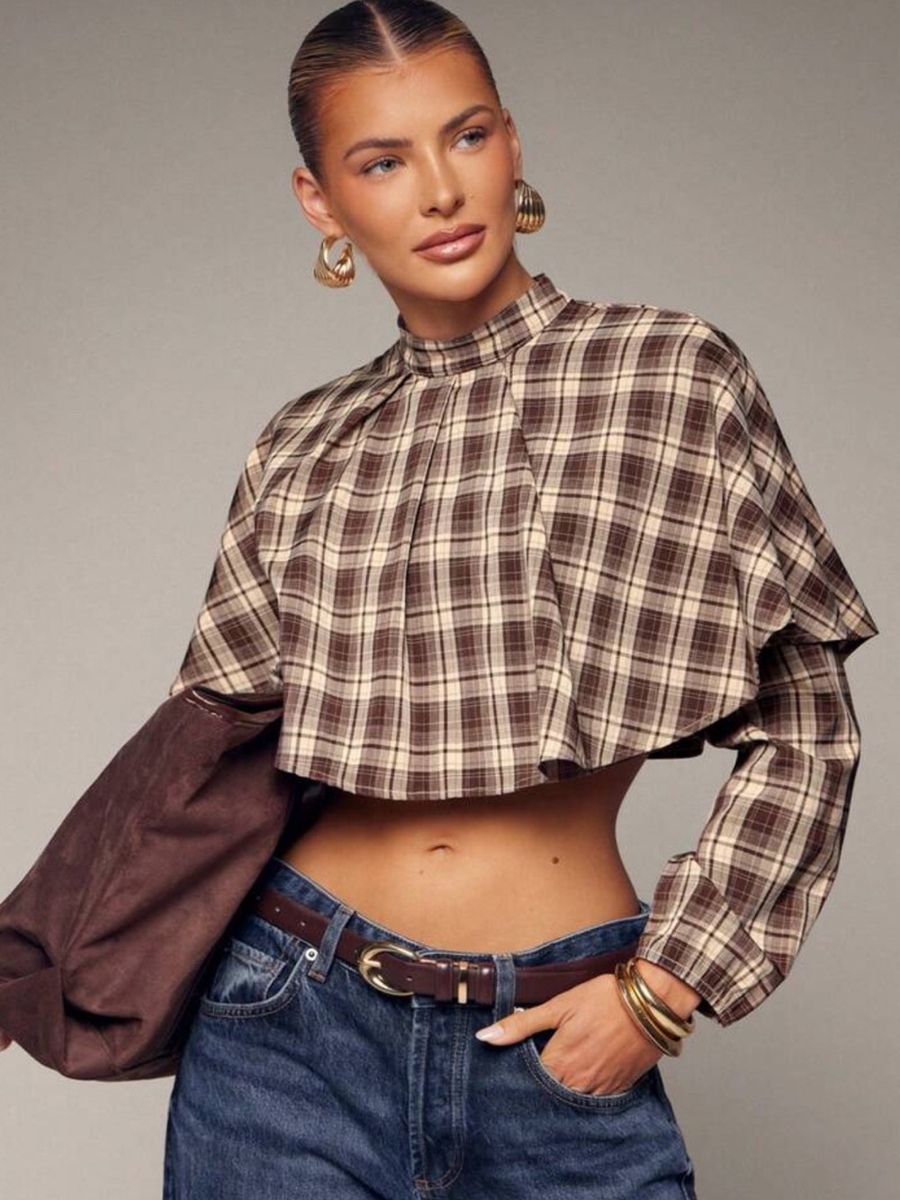 Hauture Women's Sexy Casual Plaid Cape Crop Long Sleeve Shirt Top, Corporate Off